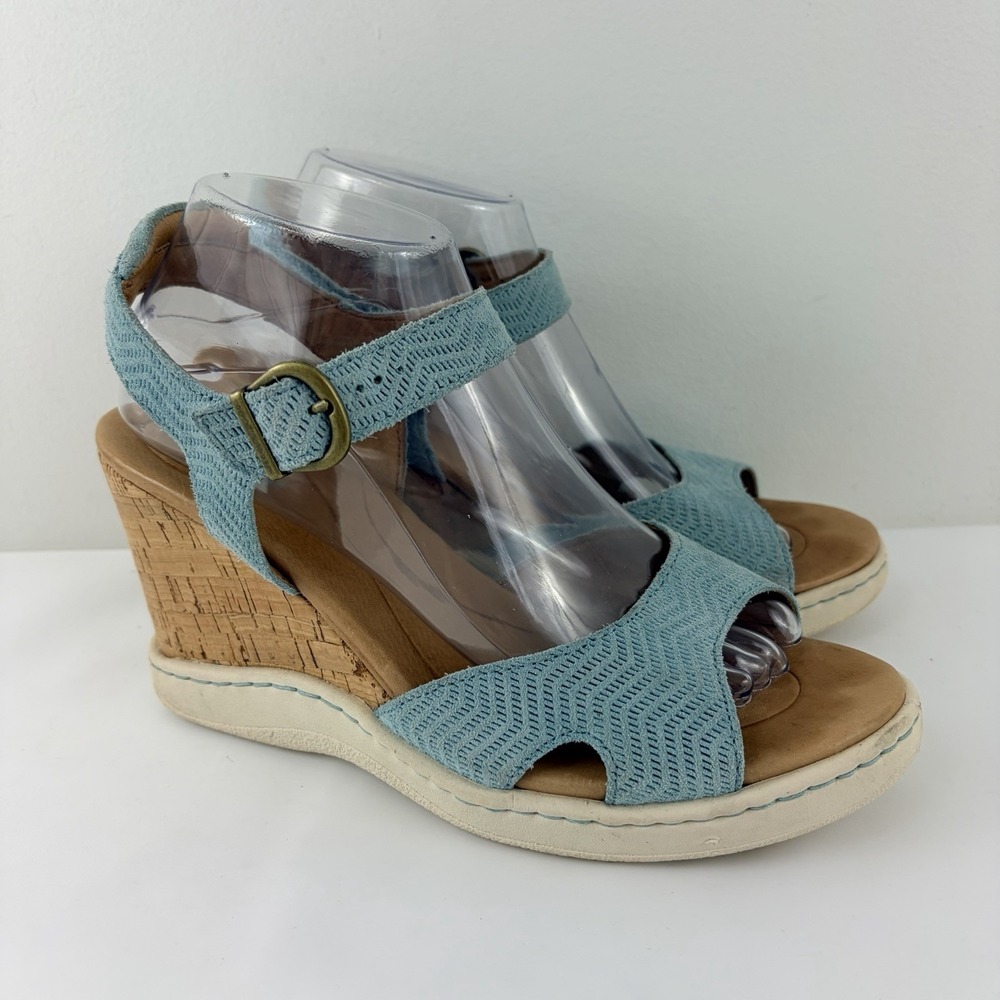 Born Blue Wedge Sandals Cork Leather Ankle Strap Size 9M Comfort Boho Chic